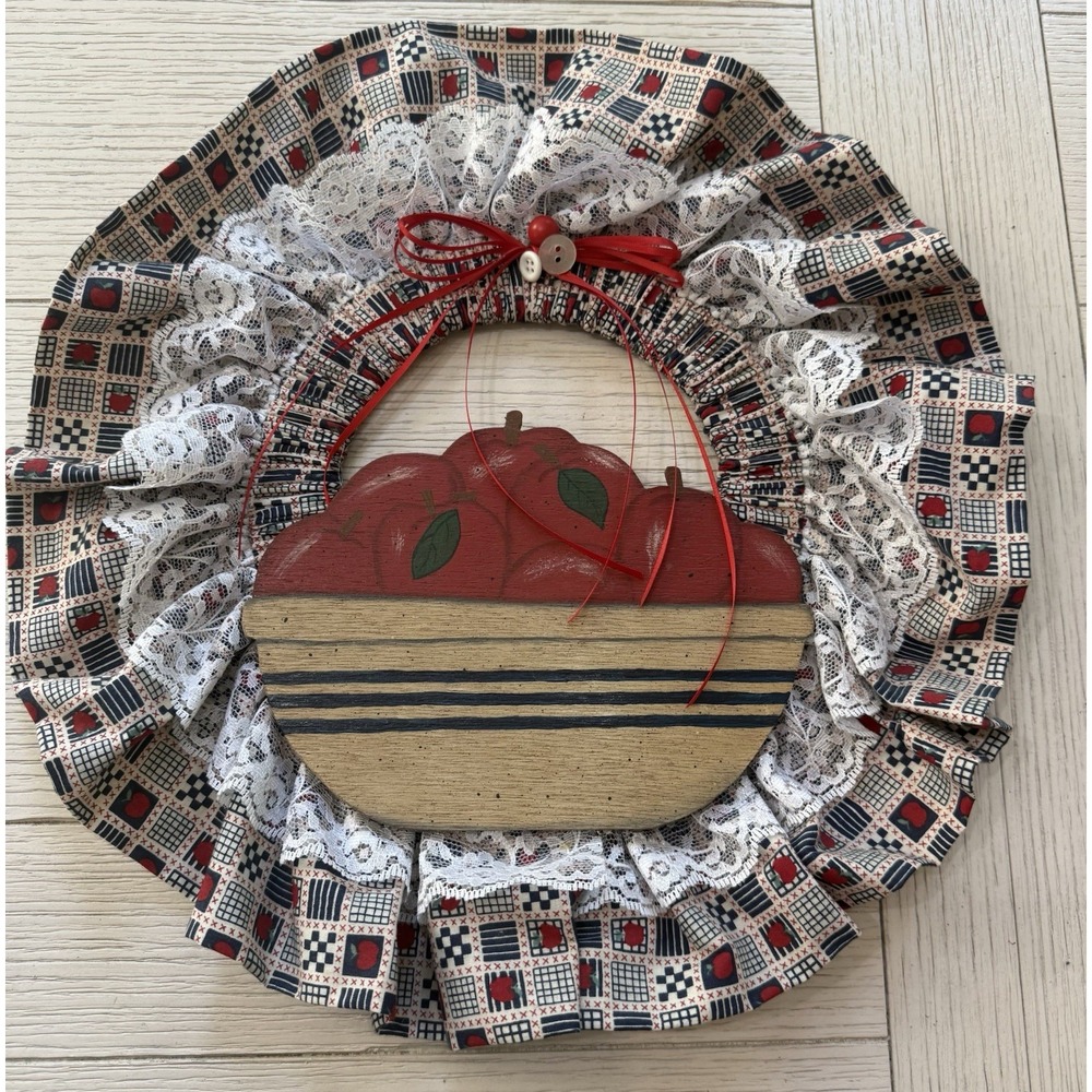Farmhouse Country Cottage Red Blue Apple Fabric Wreath 12"x15" Retro Grandmacore